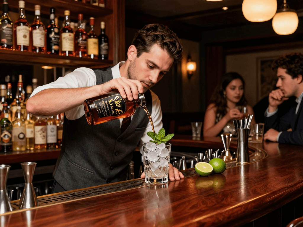 Weller Antique 107 Bourbon cocktail being prepared in an elegant bar setting with warm lighting and vintage bottles.