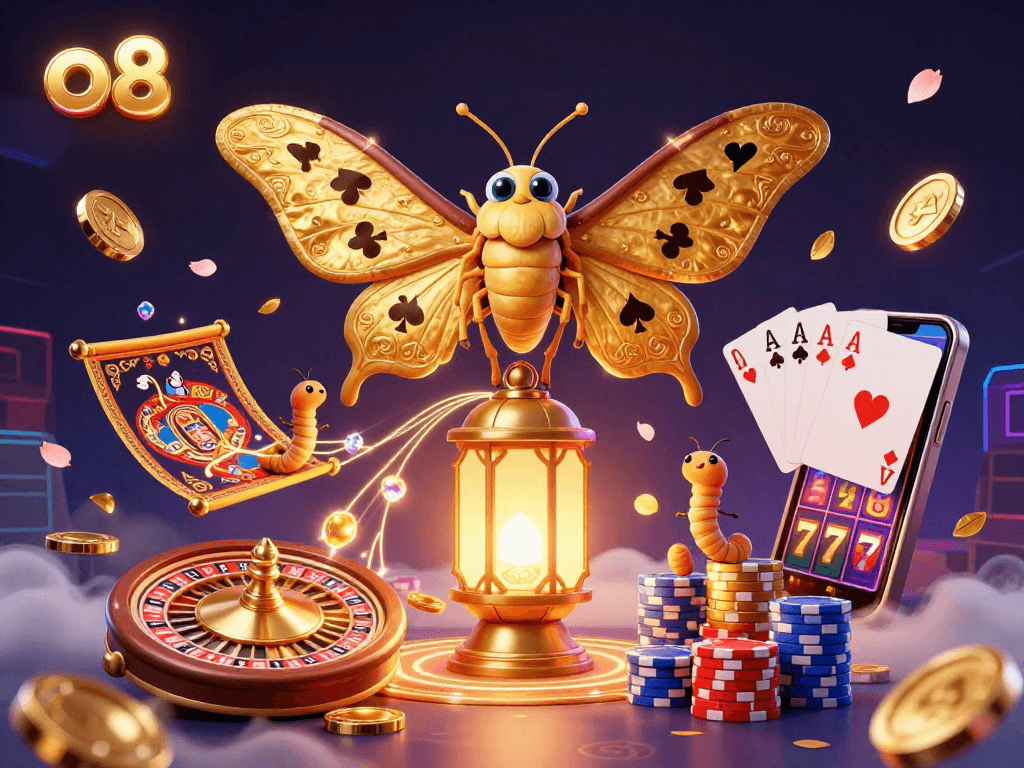 Experience vibrant slot excitement at o8 with a golden moth amidst cascading gems and rich casino imagery.