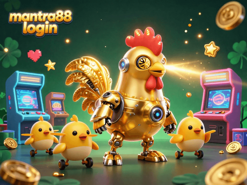 Experience the thrill of mantra88 login with a dynamic golden rooster robot and baby chick drones in a lively casino scene.