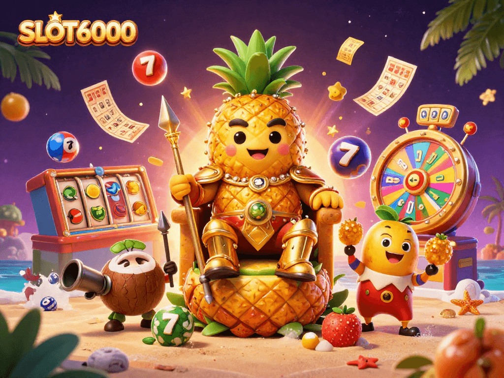 Win big with SLOT6000 gameplay featuring vibrant slot reels and characters in a lively casino scene.