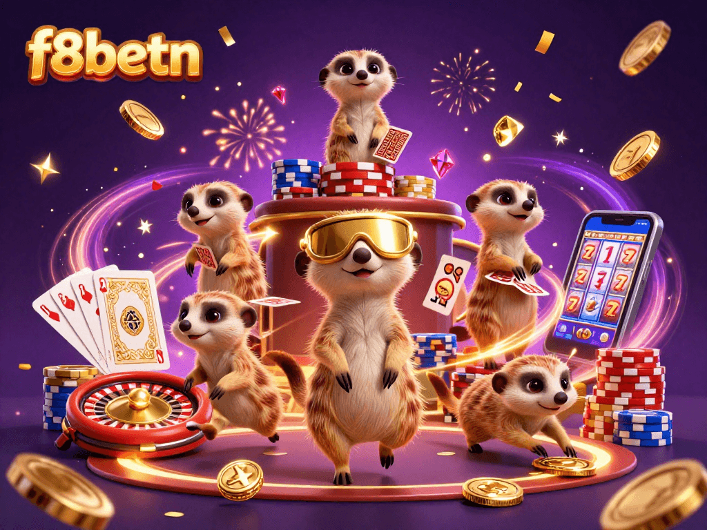 Experience the excitement at f8betn with meerkats managing a vibrant casino scene featuring games and golden rewards.