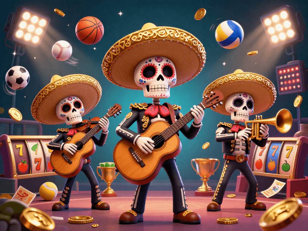 LIGALGO showcases a vibrant casino scene with skeleton mariachi musicians, slot reels, and festive decor.