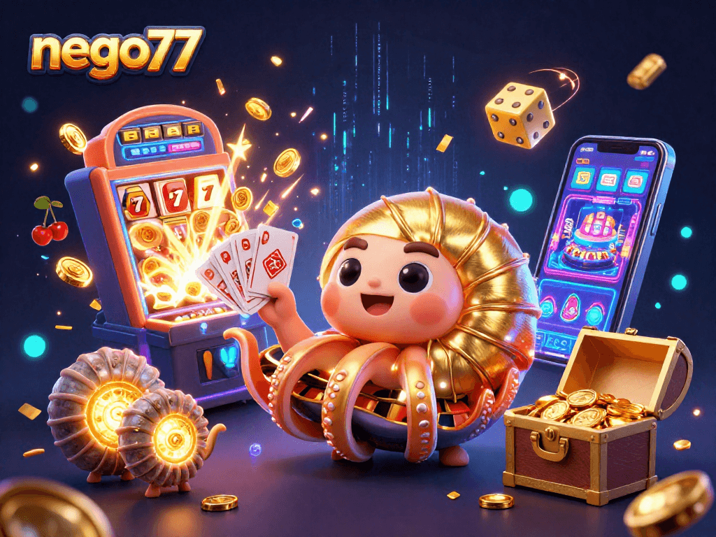 Win big with nego77's exciting casino games depicted in vibrant 3D illustration.