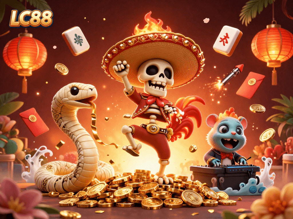 LC88 offers a vibrant casino experience with a skeleton mariachi rooster and engaging elements.