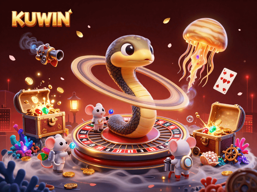 Experience thrilling bets with KUWIN as cosmic characters spin roulette rings in a vibrant 3D casino world.