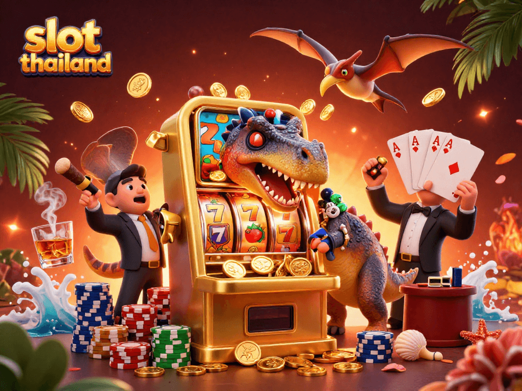 Catch the excitement of slot thailand with a dinosaur at a golden machine paying off jackpot coins.