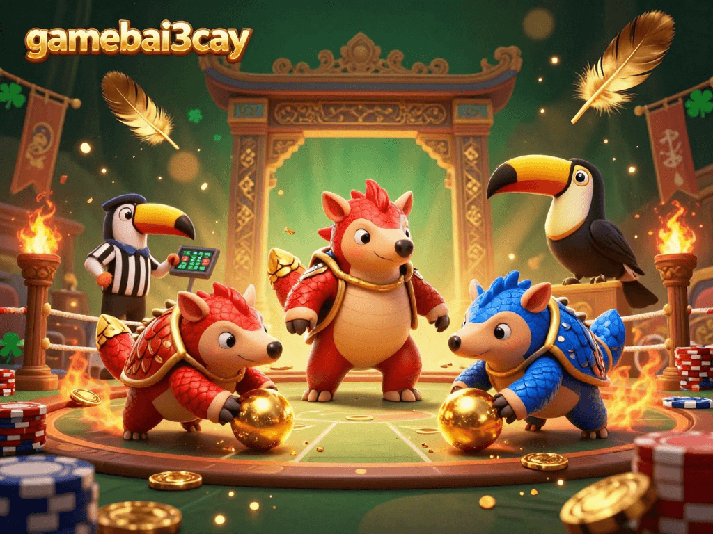 Experience thrilling gaming with gamebai3cay as pangolins roll golden balls among poker chips.