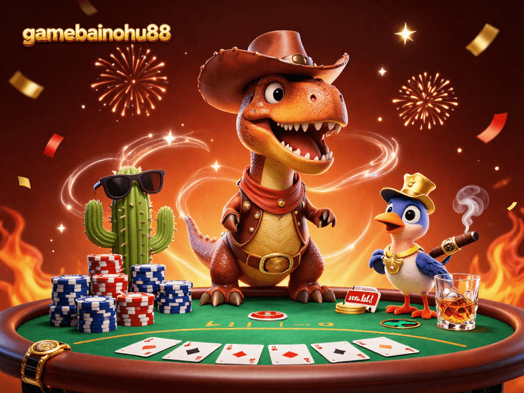 Gamebainohu88 challenges players with a dynamic poker scene featuring cartoon characters and colorful chips.
