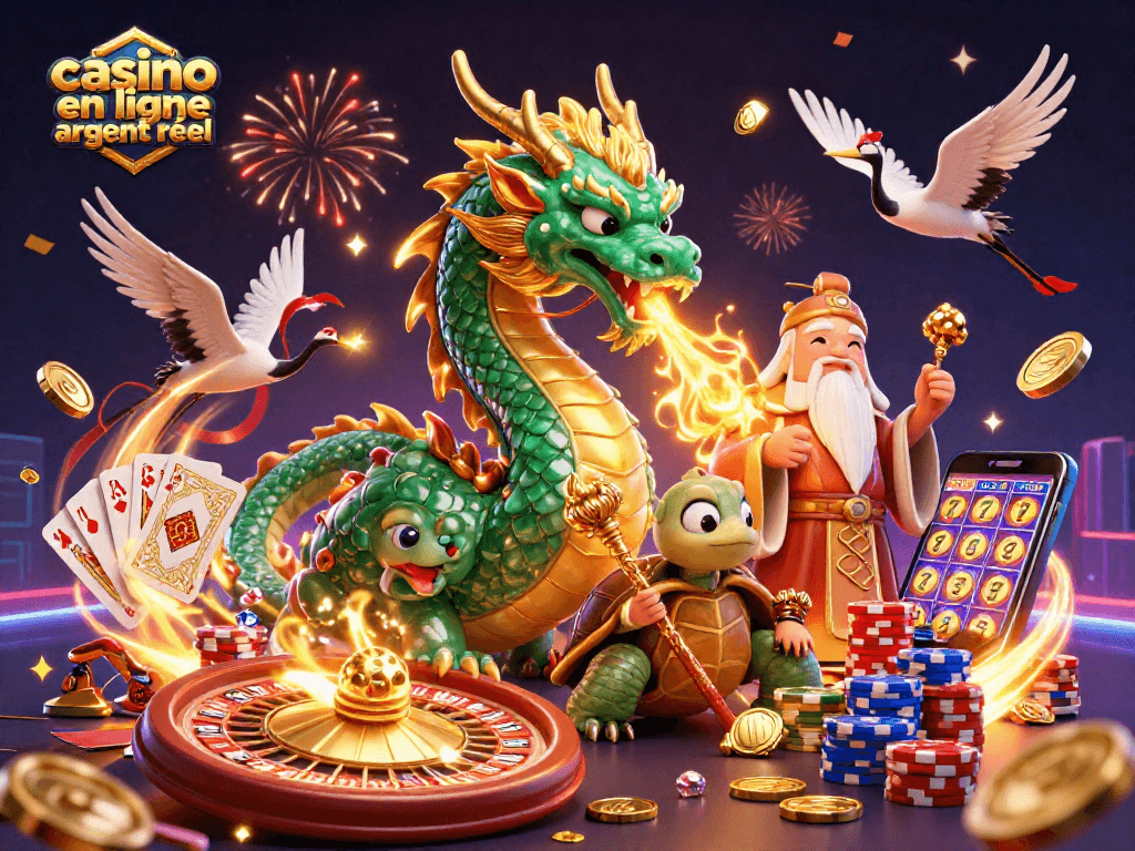 Jouez au casino en ligne argent réel avec une scène vibrante de dragons et de sages à travers des éléments de jeux d'argent.
