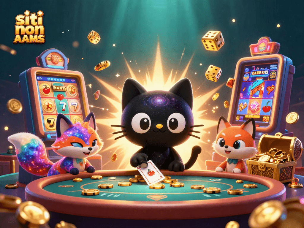 Giocando nei siti non AAMS, un gatto nero galattico attira fiches e carte in un casinò intergalattico.