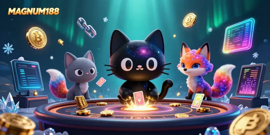 Engage in thrilling gameplay with MAGNUM188, illustrated with a cosmic casino theme and vibrant details.
