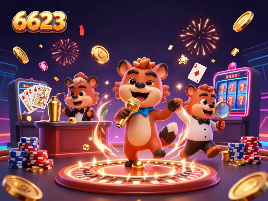 Join the excitement at 6623, with lively hyenas in a vibrant casino scene surrounded by golden treasures.