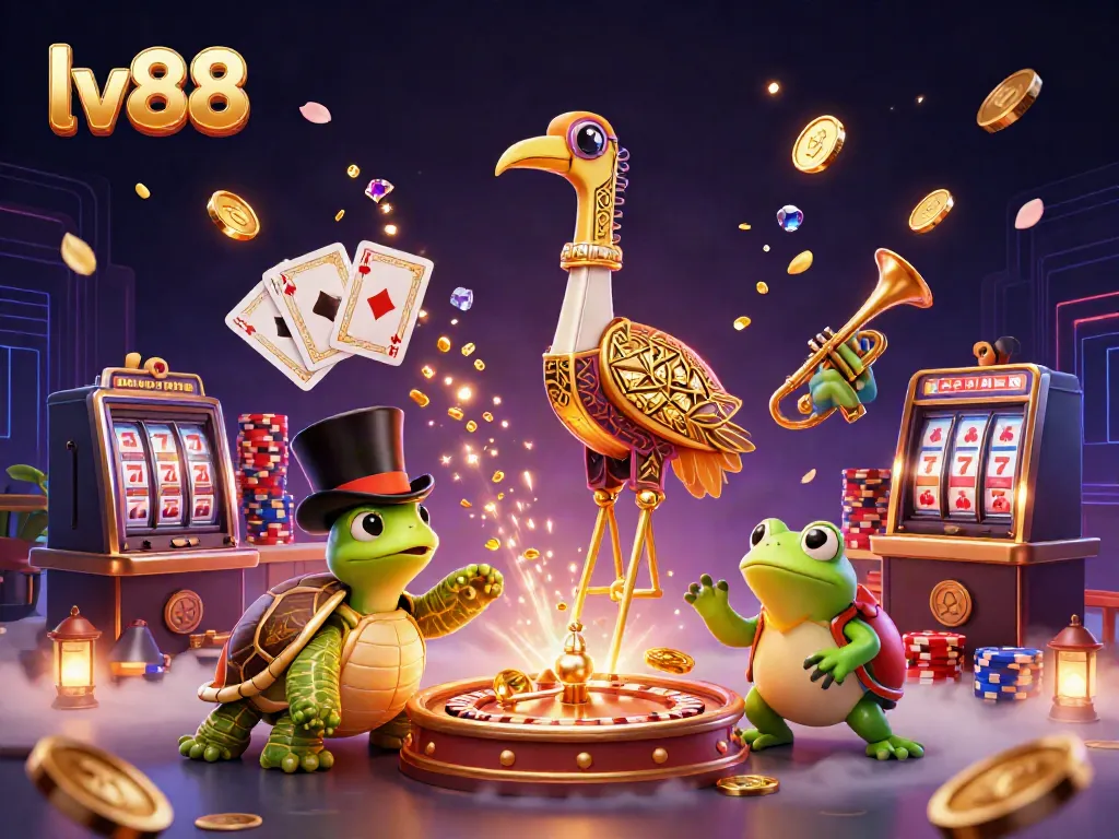 Experience the thrill of lv88 gaming with vibrant characters and dynamic casino elements in a stunning illustration.