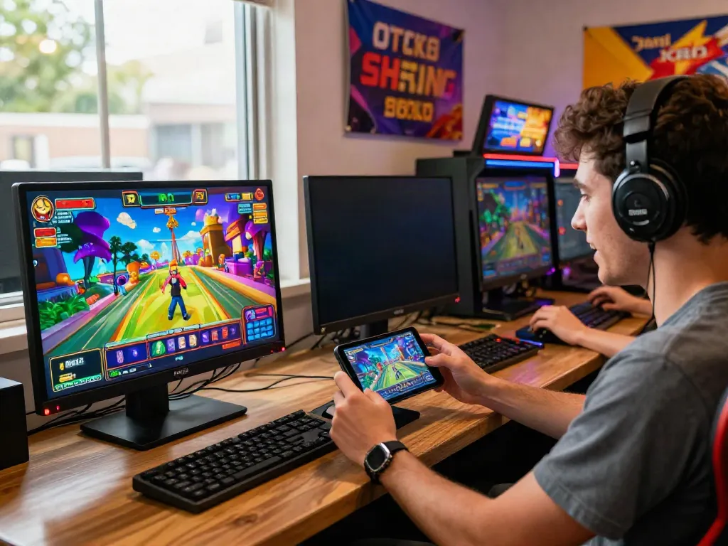 Excited player at https://da88z.net/ engaging with mobile slot games in a vibrant gaming corner.