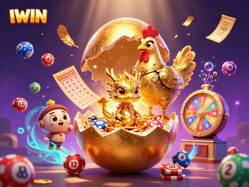 IWIN casino offers a vibrant scene with a golden dragon surrounded by dynamic gaming elements.