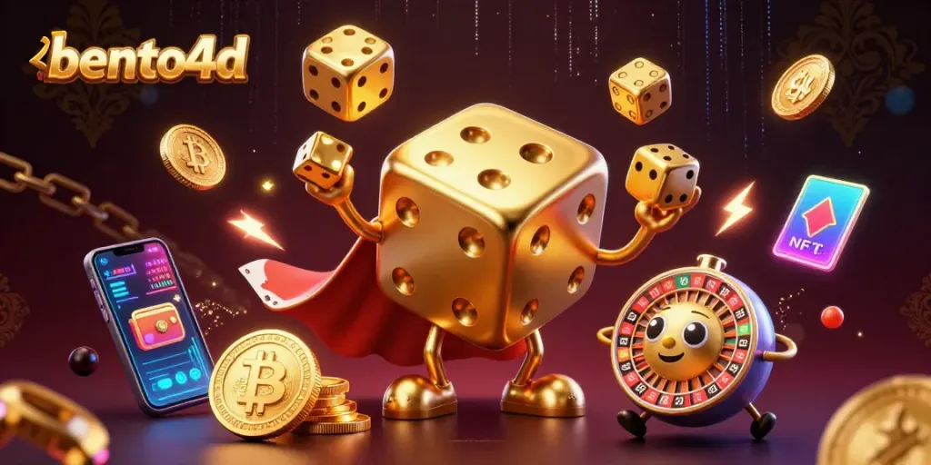Engage with bento4d as the golden dice golem juggles in a dazzling casino illustration.