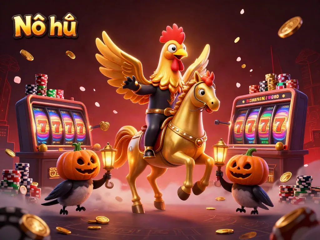 Nổ hũ slots depicted in a vibrant casino scene featuring a golden rooster and pumpkins.