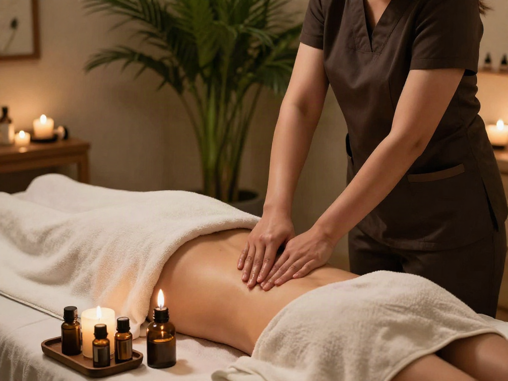Relaxing 용인출장안마 session in a soothing spa environment with candles and essential oils.