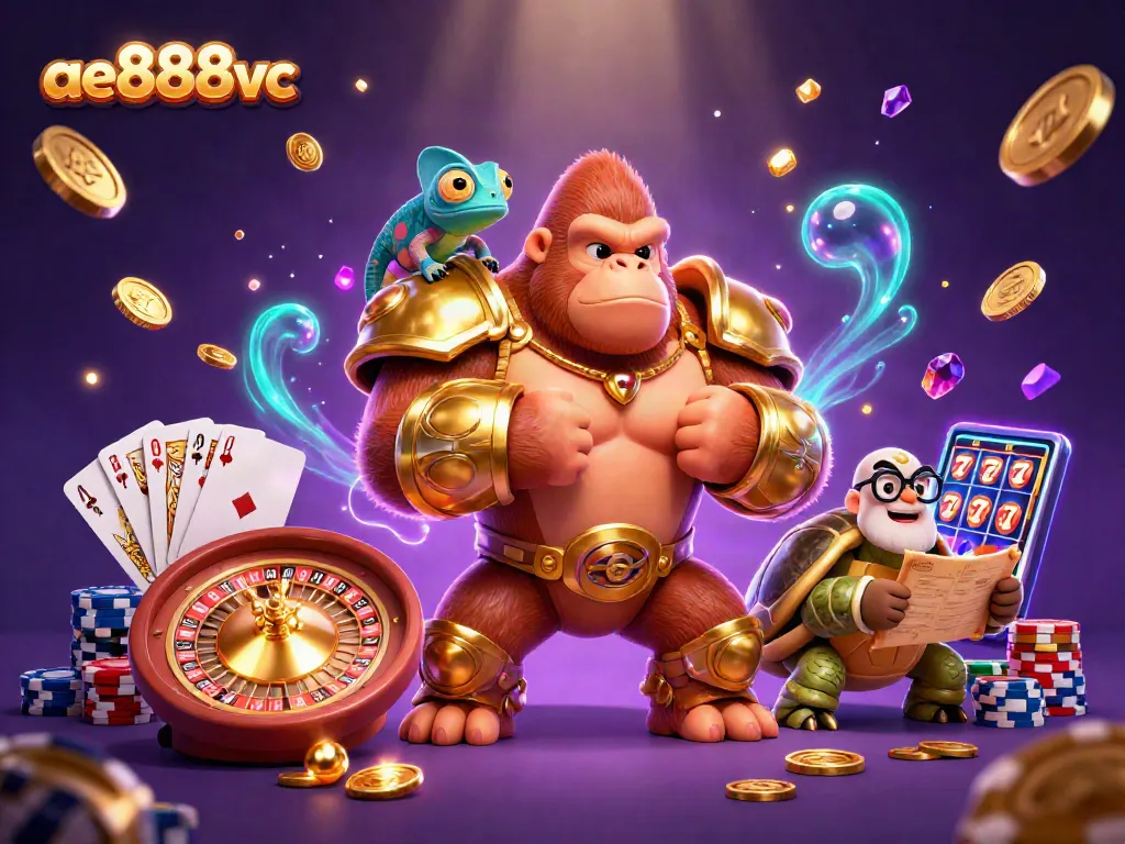 Engage with ae888vc in a vibrant 3D casino scene showcasing a gorilla in armor, a chameleon, and a tortoise elder.
