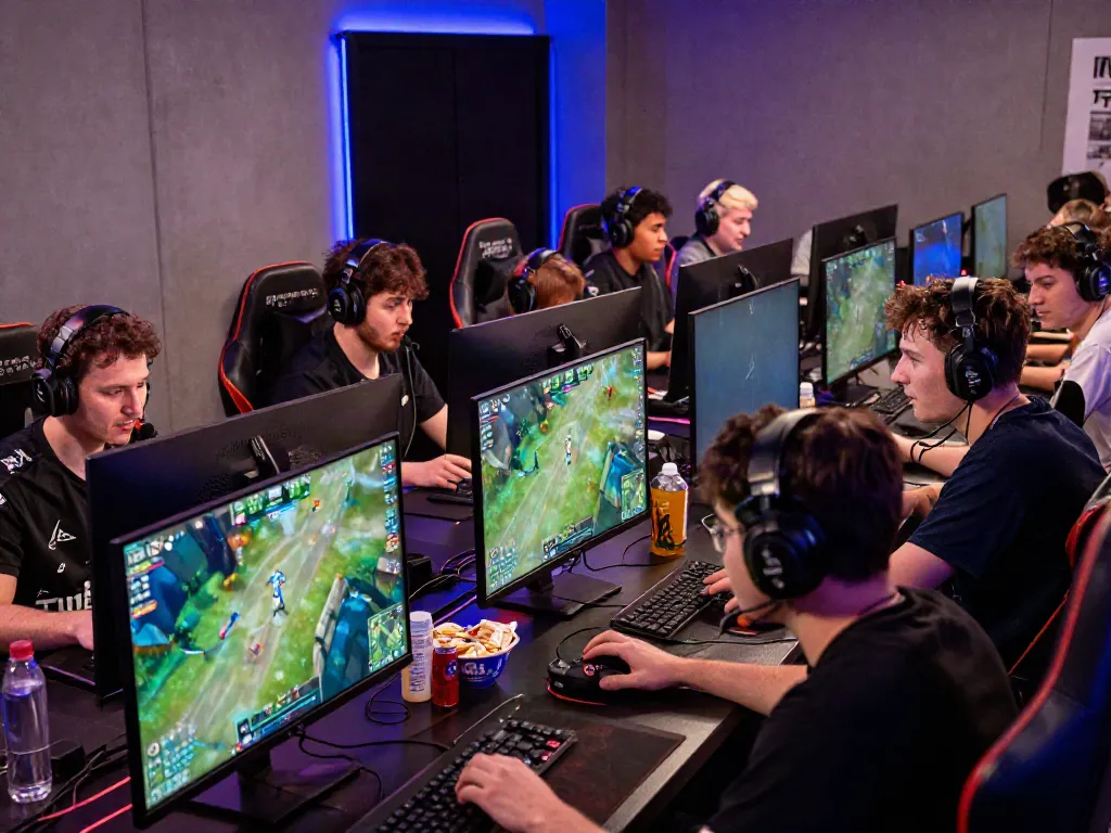 Competitive esports players at https://ku88vt.com/ gaming setup in a vibrant lounge.