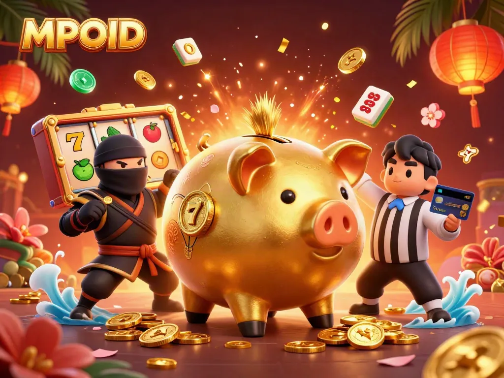 Engaging MPOID scene with a golden piggy bank sumo wrestler surrounded by slot game elements.