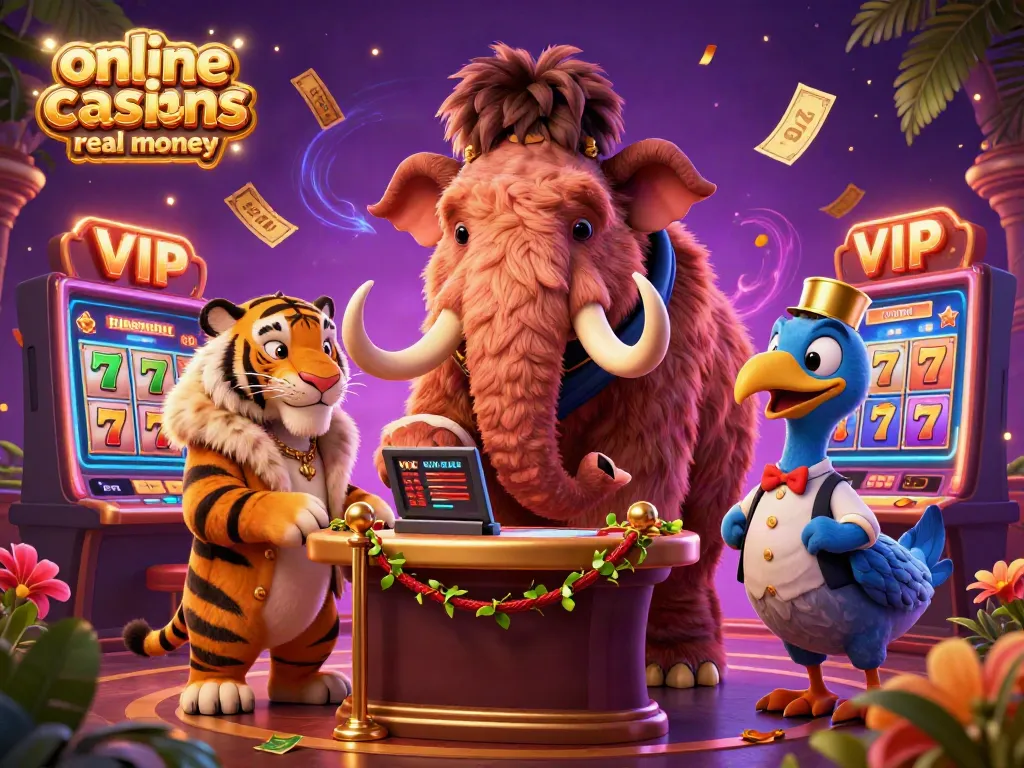 Experience the excitement of online casinos real money with cartoon characters amid a dynamic casino scene.