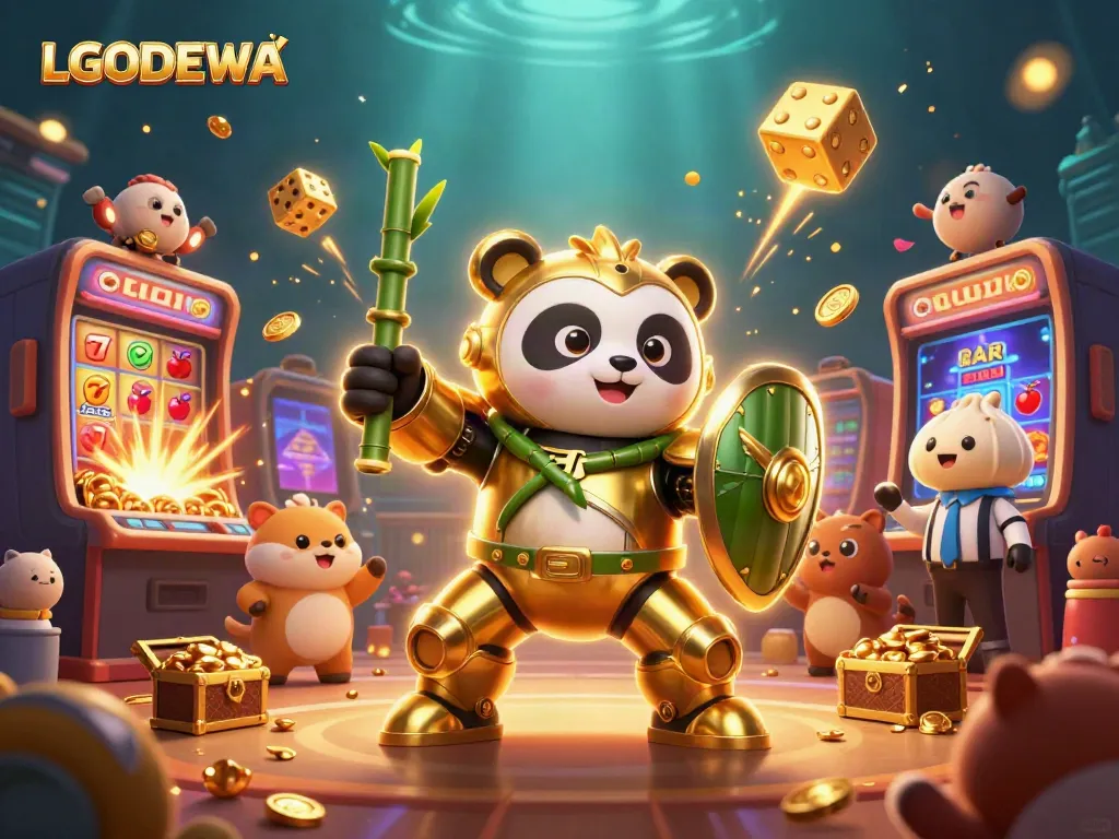 Join the action with LGODEWA's vibrant casino scene featuring a mech-suit panda and jackpot explosions.
