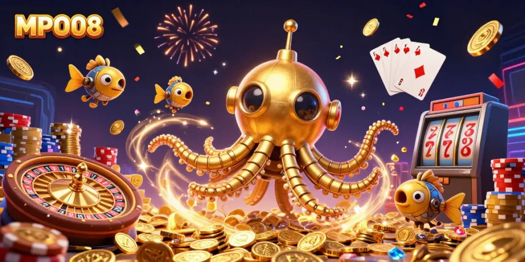 MPO08 casino adventure with a golden kraken submarine surrounded by coins and lively game elements.