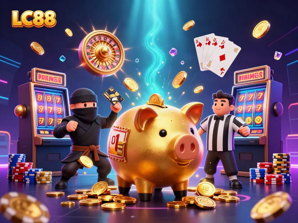 Experience thrilling gameplay at LC88 with lively characters, golden coins, and dynamic casino elements.