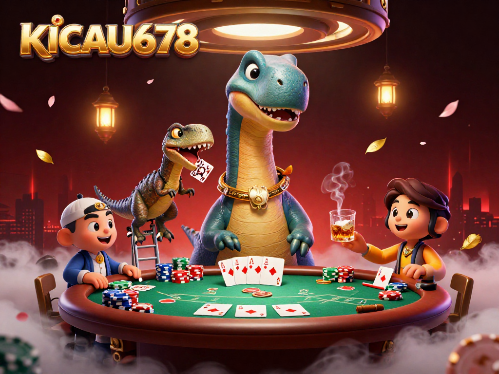 KICAU678 engages players with a lively poker scene featuring a dinosaur dealer.