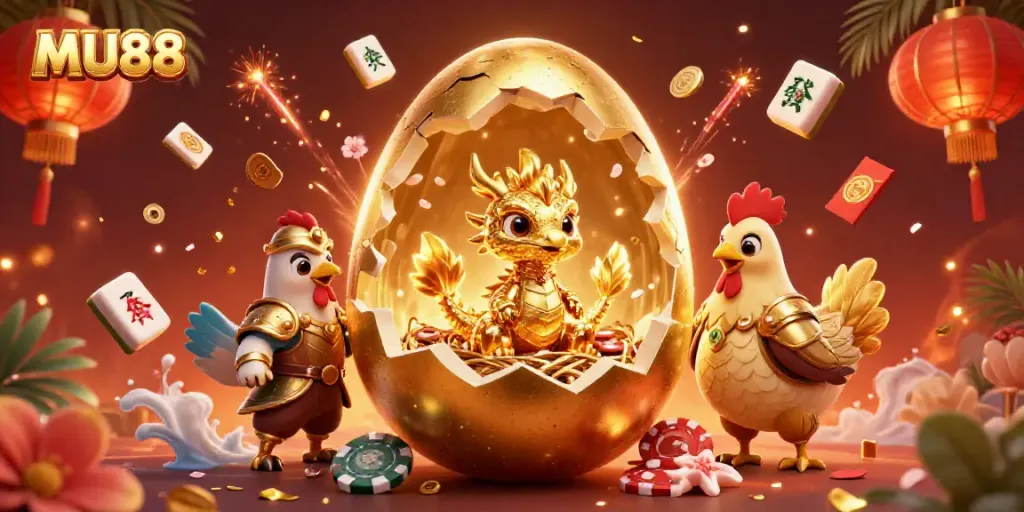 Experience thrilling adventures at MU88 Casino with a golden dragon and poker chips.