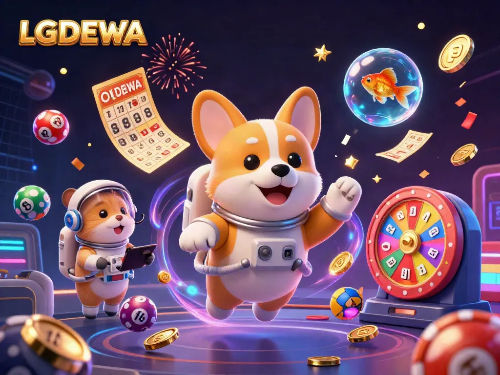 Engage with thrilling gameplay at LGODEWA, featuring floating casino elements like poker chips, lottery balls, and a vibrant atmosphere.