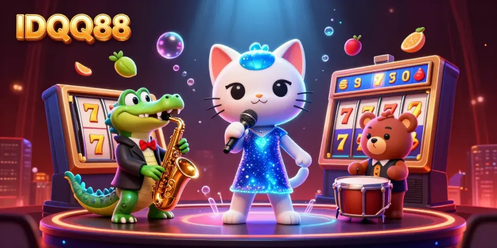 Experience the vibrant world of IDQQ88 through a jazzy casino scene filled with dynamic characters and gaming elements.