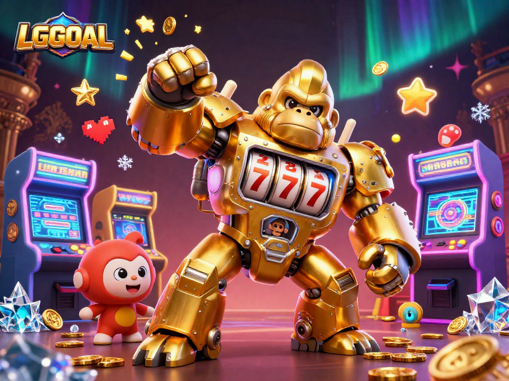 Experience LGOGOAL with an explosive golden gorilla mech, vibrant gaming elements, and casino excitement!