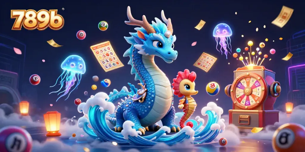 Engage with 789b's vibrant online casino world featuring a majestic azure water dragon amidst lottery excitement.