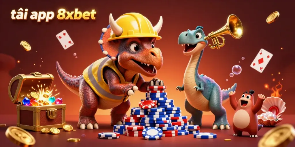 Experience the excitement of tải app 8xbet with a dynamic celebration scene featuring gaming characters and treasures.