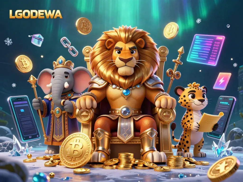 Experience the thrill of LGODEWA with a vivid 3D scene featuring a lion king, elephant advisor, and cheetah messenger amidst dynamic gaming elements.