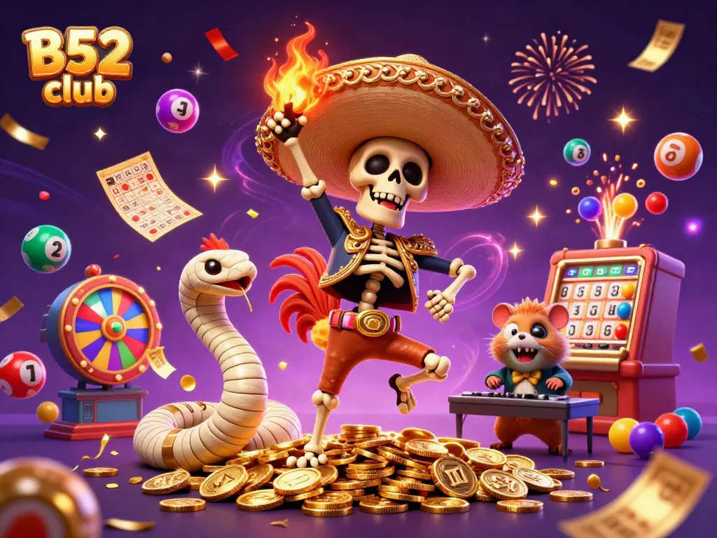 Experience vibrant gaming excitement at B52 club with a celebratory 3D illustration of casino characters.
