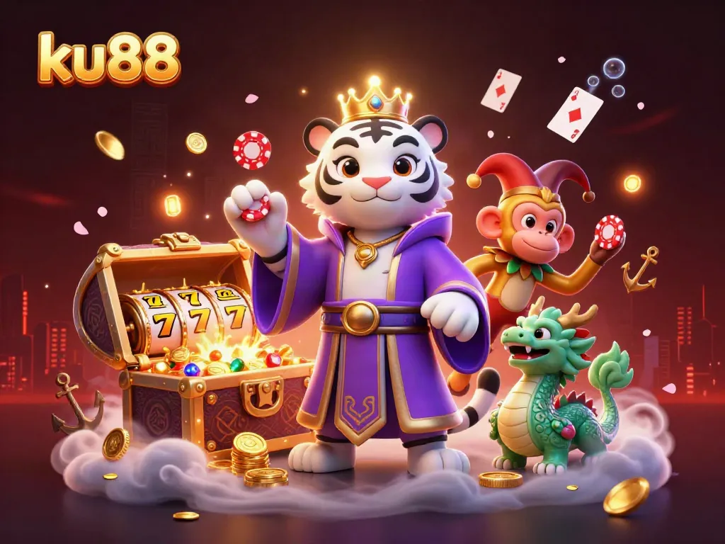 Experience the vibrant energy of ku88 as a white tiger, monkey, and dragon bring the casino to life with dynamic gaming elements.