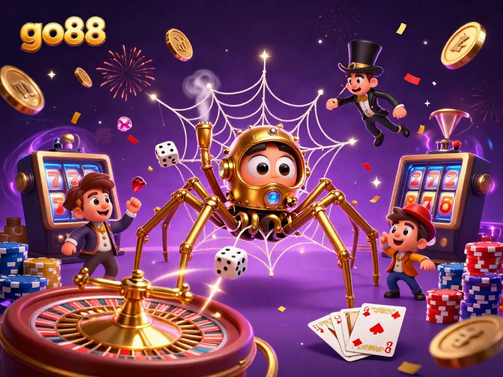 Go88's thrilling world showcases the golden steampunk spider, capturing dice in a web of luck and casino excitement.