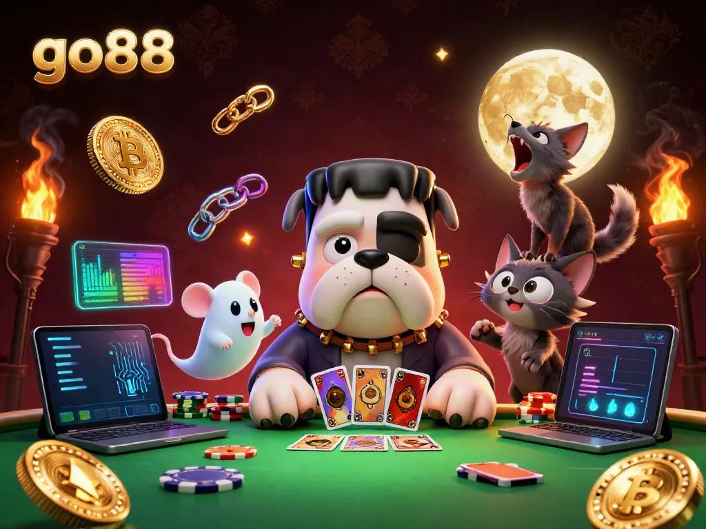 Experience go88 gaming excitement with a 3D cartoon scene featuring vibrant characters and crypto coins.