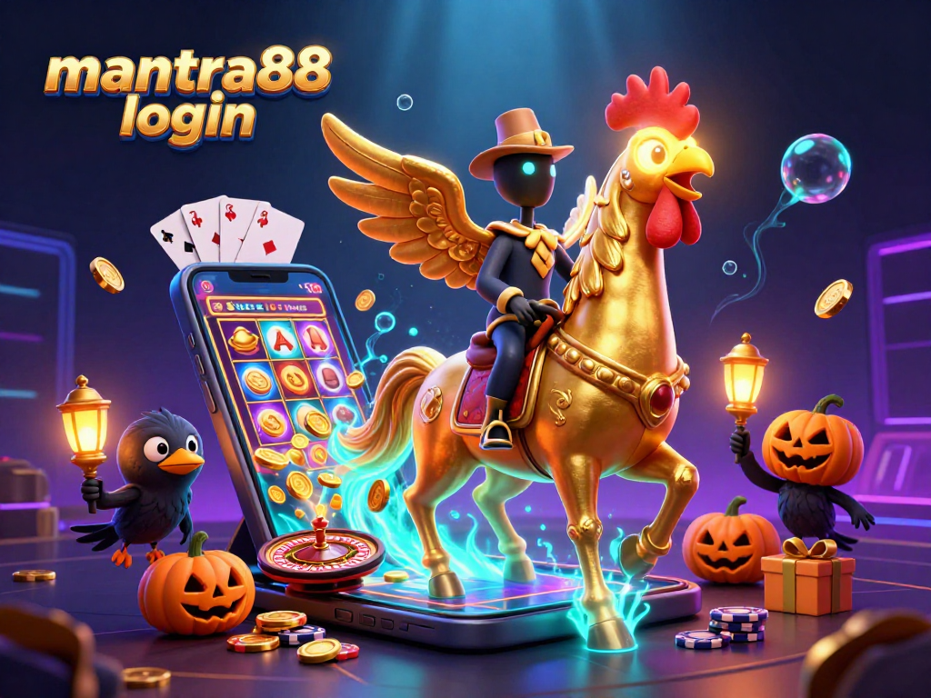 Engage in excitement with mantra88 login as a golden rooster navigates a mystical casino scene.