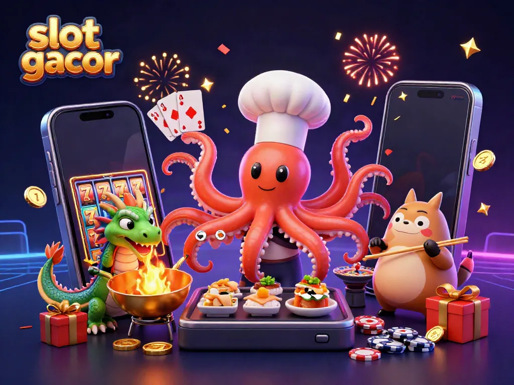 Experience slot gacor excitement with the chef octopus and dragon in a vibrant casino scene.