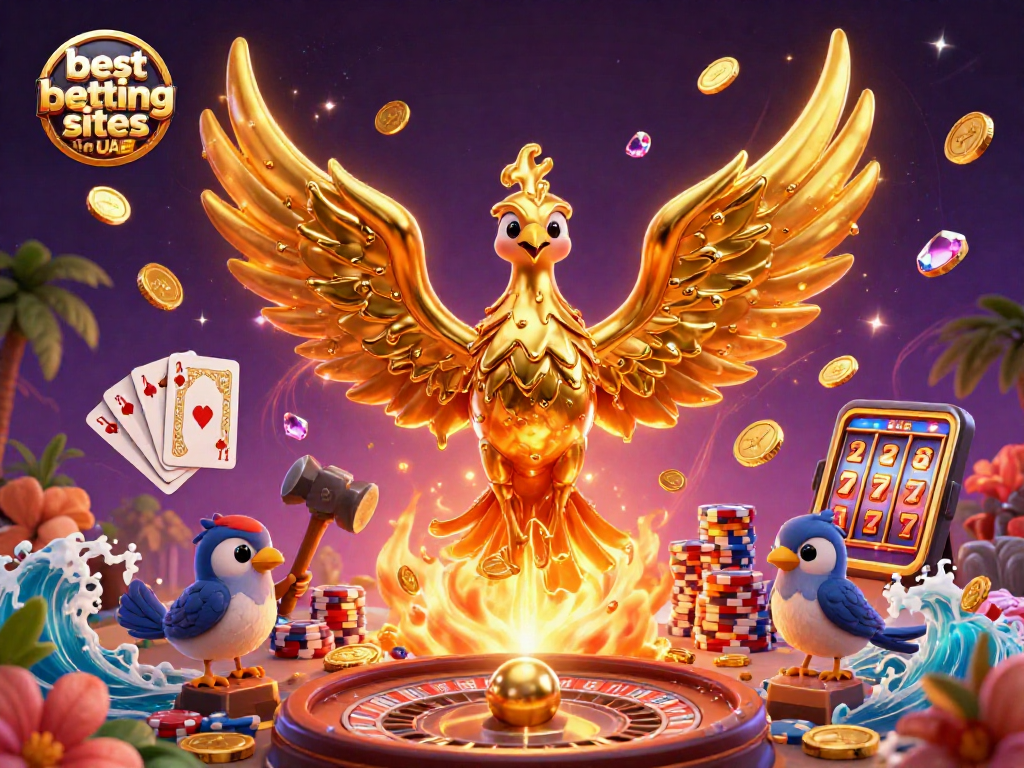 Engage with the best betting sites in UAE featuring a dazzling phoenix and vibrant casino elements.