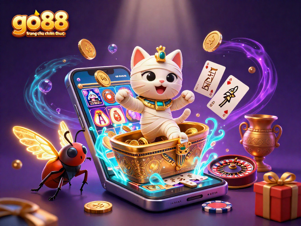 Experience the excitement of go88 trang chu chinh thuc with an Egyptian mummy cat bursting from a golden sarcophagus!
