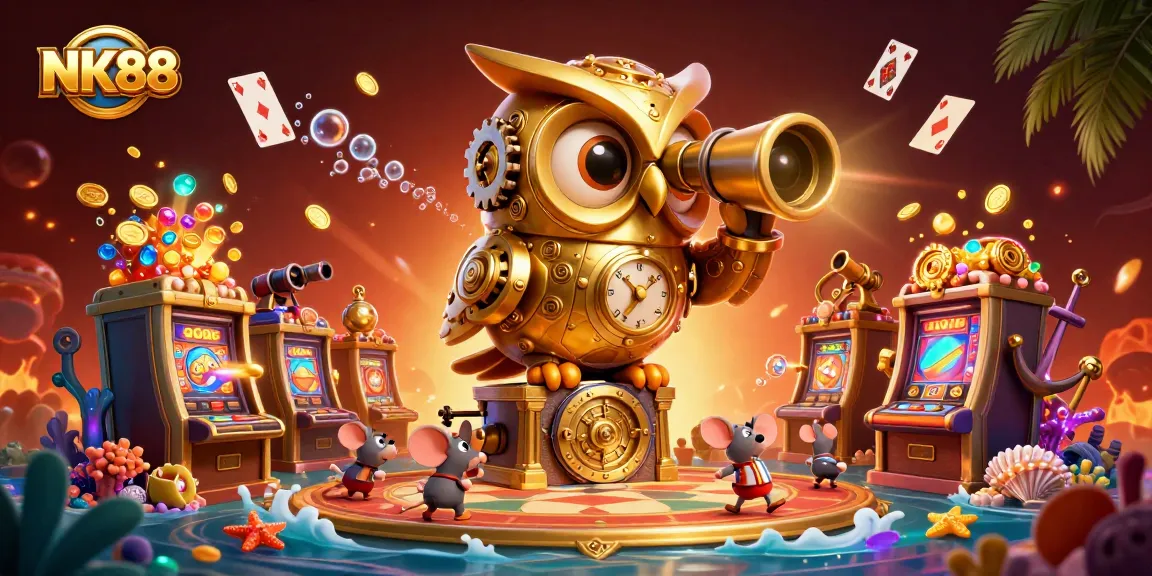 Experience NK88 with a vibrant, illustrated scene of the casino floor filled with excitement and treasure.