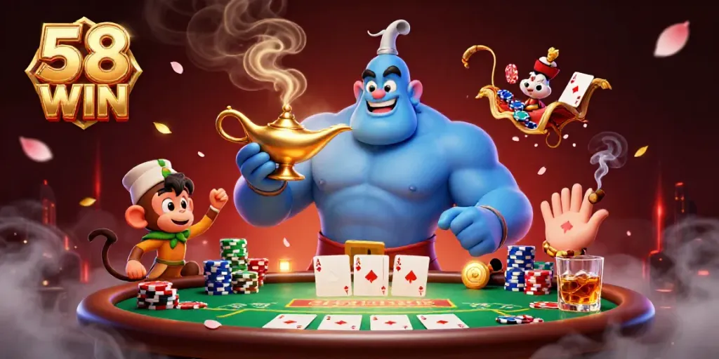 Engage in thrilling gambling action with 58 WIN's vibrant 3D genie and monkey characters at a lively poker game.