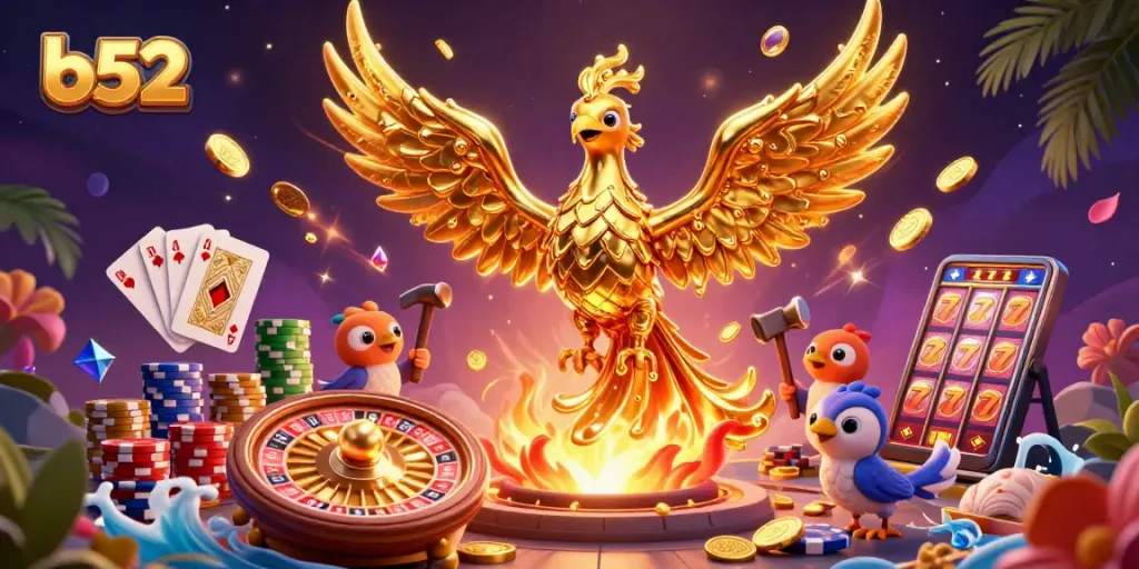 Engage with b52 casino games featuring a golden phoenix and molten elements at a vibrant online gaming scene.
