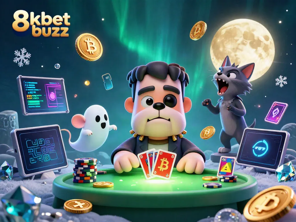 Engage in the exciting world of 8kbet buzz with a spooky card game scene featuring vibrant characters and glowing crypto elements.