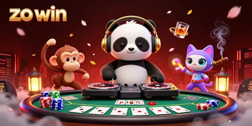 Experience the vibrant energy of zo win with dazzling characters and exciting casino elements in this illustration.
